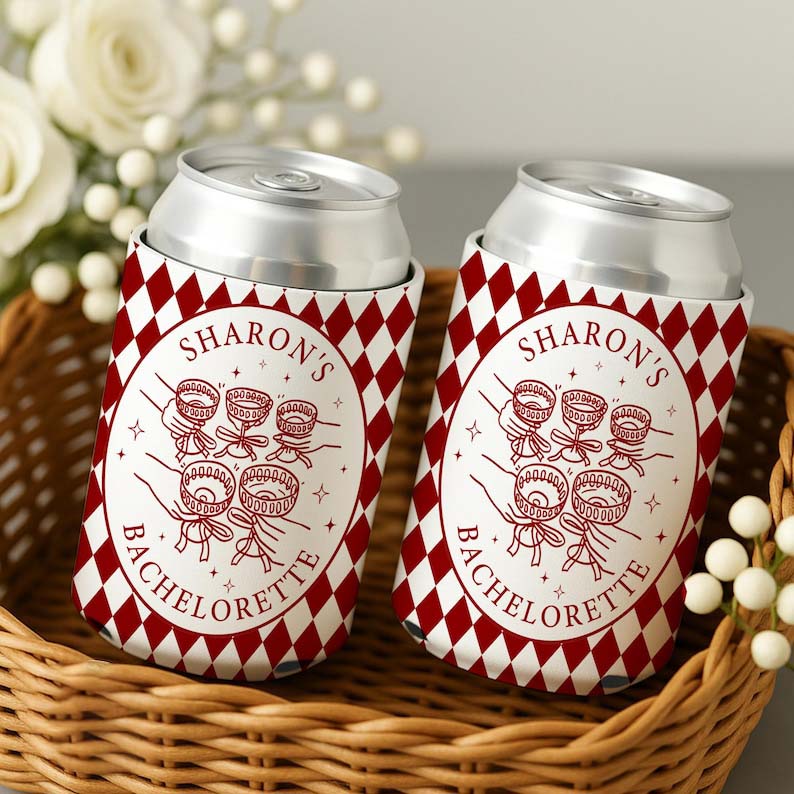 Custom Retro Bachelorette Can Cooler, Casino Style Bachelorette Party Can Holder, Luxury Bach Weekend Drink Sleeves, Bridal Party Gifts