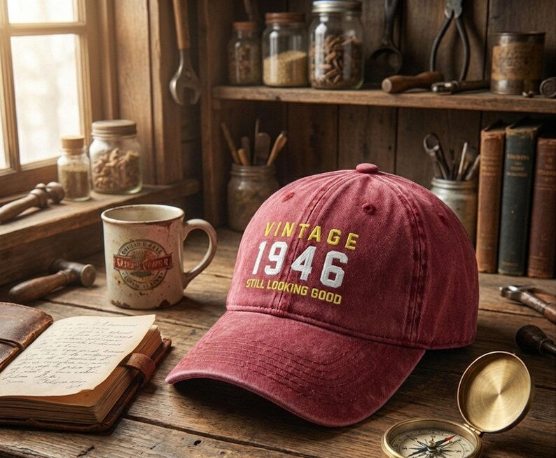 Vintage 1946 Birthday Hat 80th Birthday Gift Personalized Embroidered Cap
