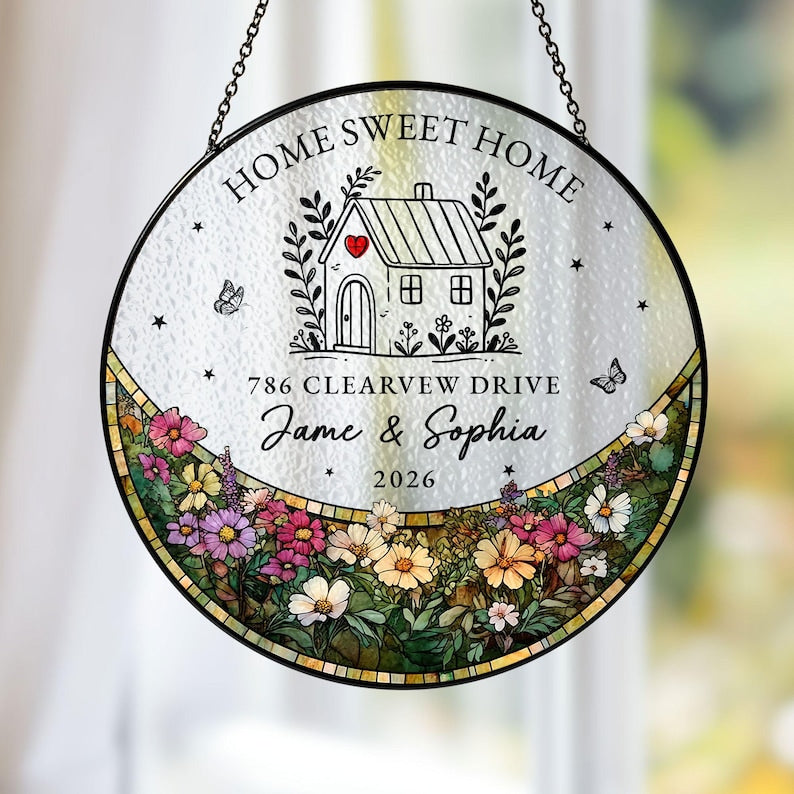 Personalized First Home Stained Glass Suncatcher, New Home Occasion Housewarming Gift For Moving In Friend, Realtor Keepsake