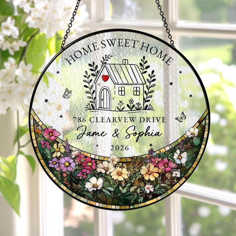 Personalized First Home Stained Glass Suncatcher, New Home Occasion Housewarming Gift For Moving In Friend, Realtor Keepsake
