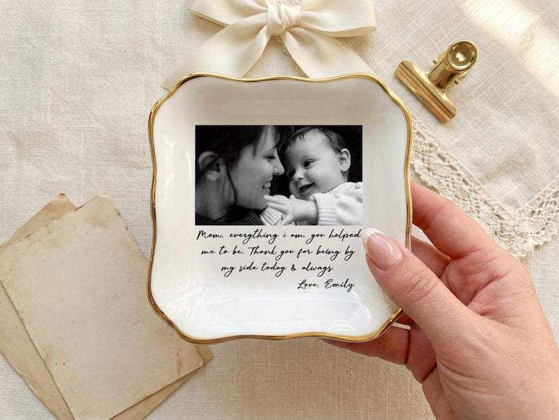 Custom Photo Mother of the Bride Jewelry Dish, Personalized Wedding Gift for Mom from Bride, Photo Ring Dish Keepsake, MOB Gift