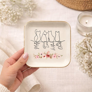 Personalized Cat Floral Ring Dish, Custom Cat Name Jewelry Dish, Cat Mom Gift, Cat Lover Trinket Dish, Pet Loss Gift