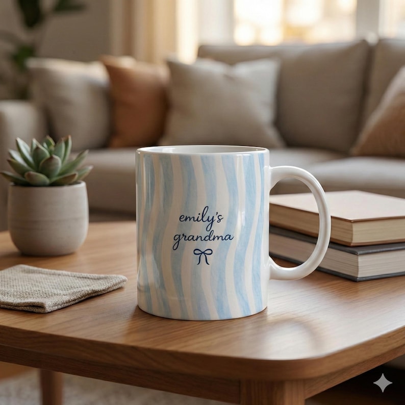 Custom Coquette Stripe Ceramic Mug: Personalized Grandma Coffee Striped Name Mug