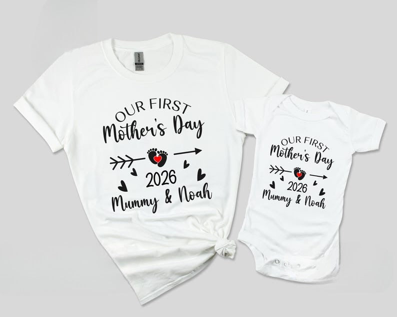 Our First Mothers Day Shirt 2026, Matching First Mother's Day Outfit: Mummy & Me T-Shirt Bodysuit Set, Keepsake Child Toddler Kids Tee Gift