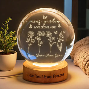 Grandma's Garden Crystal Ball Night Light, Custom Gift for Mom or Grandma, Birth Month Flower with Grandkids' Names, Gift for Mother's Day