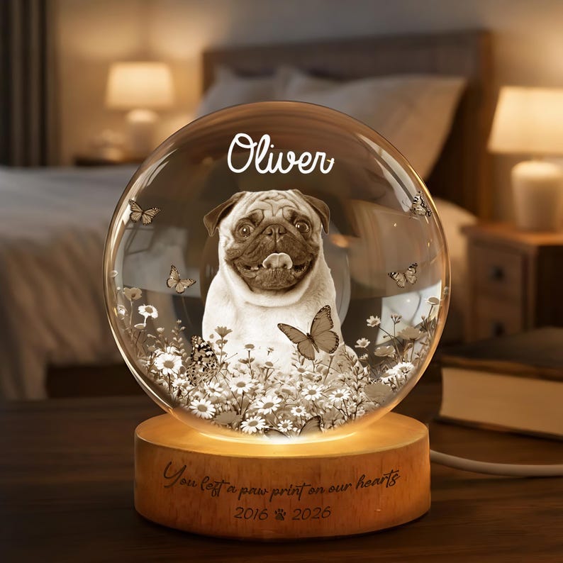 Personalized Dog Memorial Crystal Globe, Custom Pet Tribute, Pet Memorial Night Light, Engraved Pet Keepsake for Dog Lover, Sympathy Gift