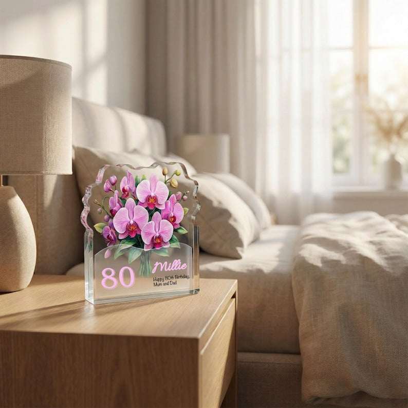 Personalised 80th Birthday Plaque for Her Custom Orchid Acrylic Keepsake 80 Years Loved Gift