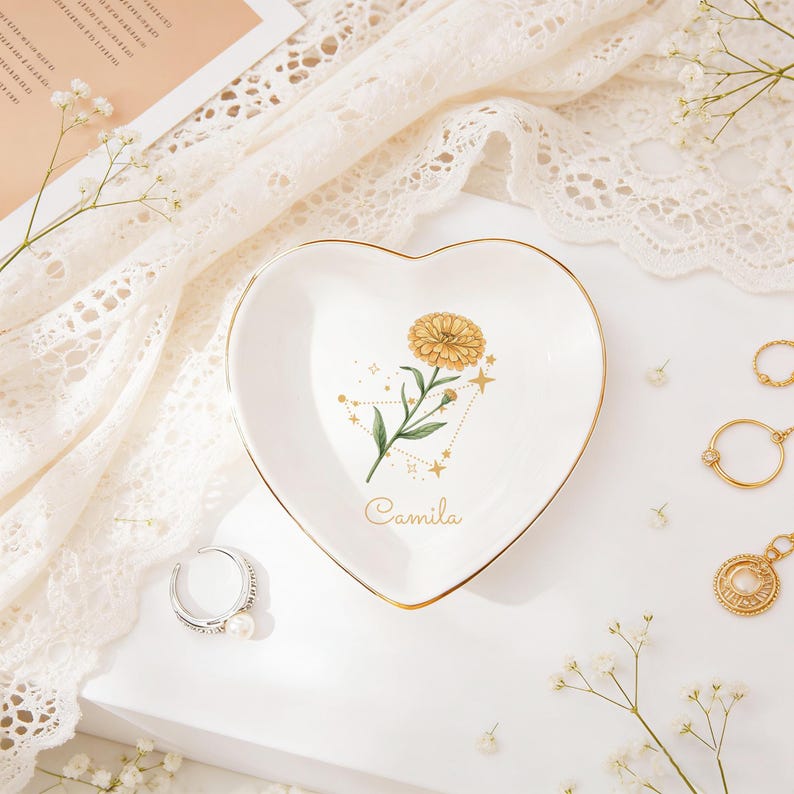 Personalized Birth Flower Zodiac Sign Ring Dish, Constellation Jewelry Dish, Birthday Gift for Best Friend, Wedding Bridemaid Party Favors