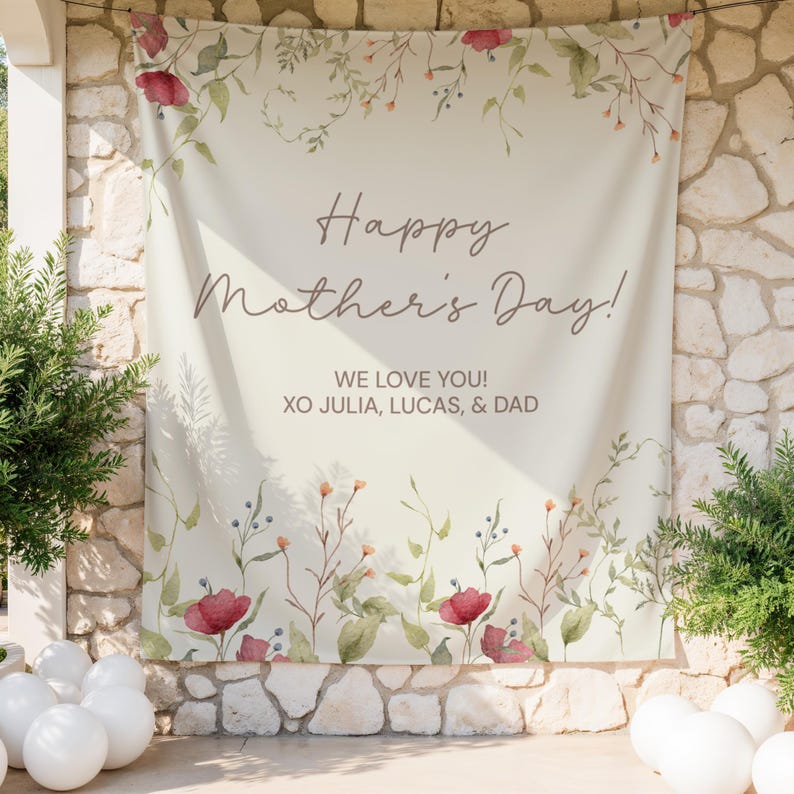 Personalized Mothers Day Backdrop Banner, Custom Happy Mothers Day Floral Tapestry, Wildflower Photo Booth Background with Names