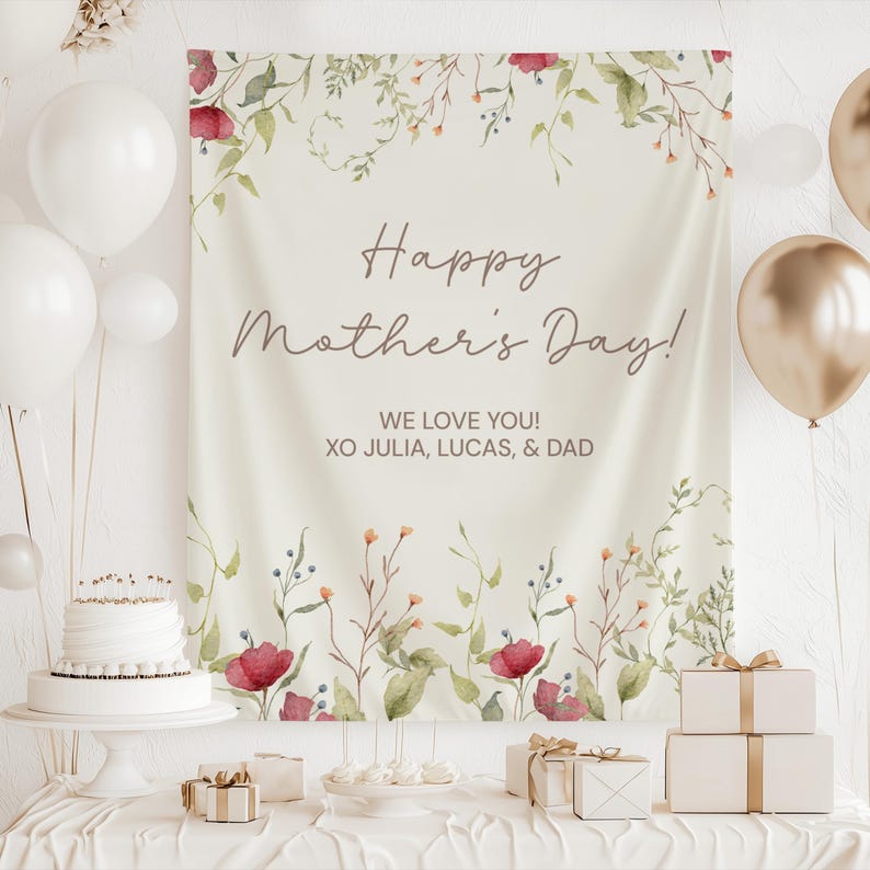 Personalized Mothers Day Backdrop Banner, Custom Happy Mothers Day Floral Tapestry, Wildflower Photo Booth Background with Names