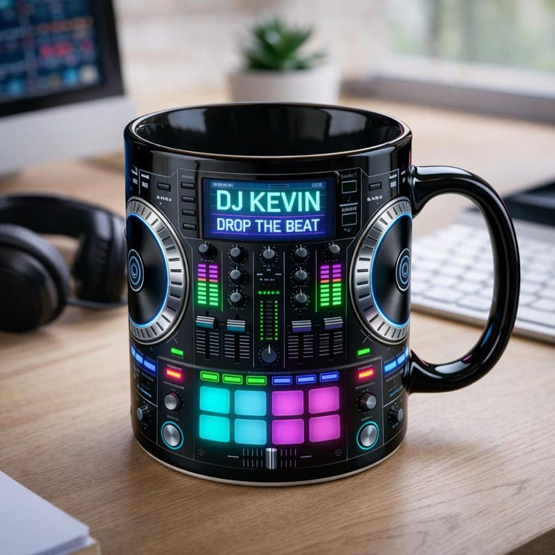 Personalized DJ Mug, Custom Name DJ Coffee Cup, Music Producer Gift, Drop The Beat Mug for EDM Lover