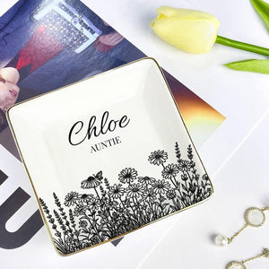 Personalized Flower Garden Jewelry Dish with Name, Custom Floral Trinket Tray Gift for Mom, Sister, Daughter or Best Friend