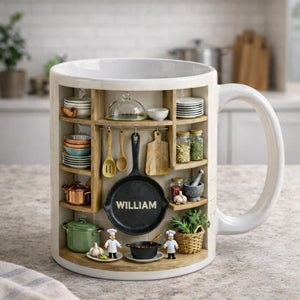 Personalized Chef Mug, Custom Name Kitchen Coffee Cup, 3D Cooking Shelf Design Gift for Dad Husband