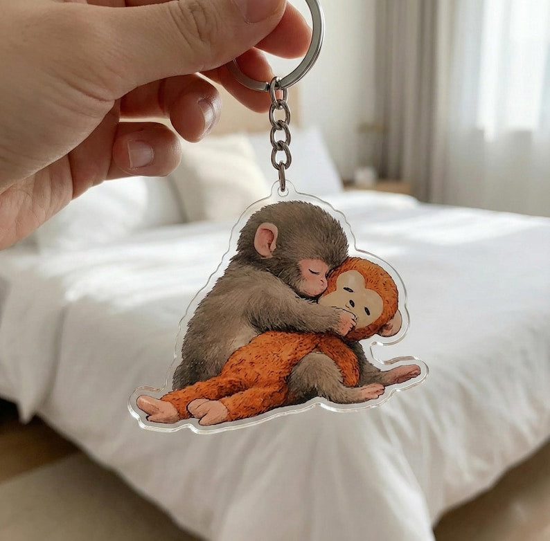 Team Punch Keychain, Baby Monkey Punch Acrylic Keychain, Viral Cute Baby Monkey Punch Hugging Stuffed Custom Shape Acrylic Keychain