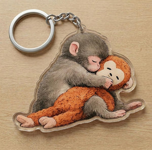 Team Punch Keychain, Baby Monkey Punch Acrylic Keychain, Viral Cute Baby Monkey Punch Hugging Stuffed Custom Shape Acrylic Keychain