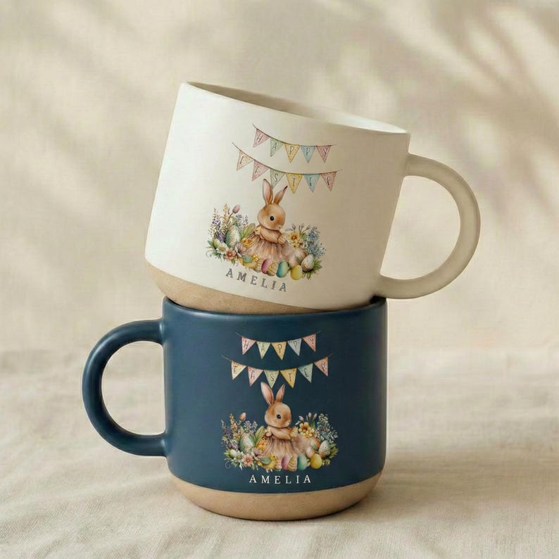 Easter Mugs With Name, Personalised Easter Kids Mug, Personalised Bunny Mug, Custom Name Mug, Easter Pottery Mug, Easter Coffee Mug