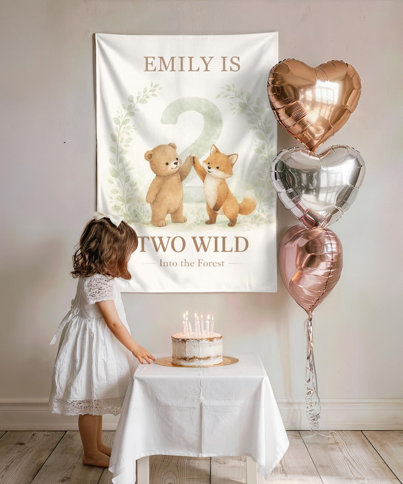 Two Wild Birthday Banner, Woodland 2nd Birthday Backdrop, Bear Fox Forest Birthday Banner, Two Wild Into the Forest, Second Birthday Party