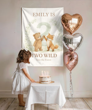 Two Wild Birthday Banner, Woodland 2nd Birthday Backdrop, Bear Fox Forest Birthday Banner, Two Wild Into the Forest, Second Birthday Party