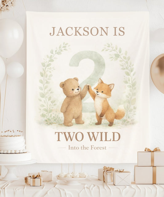 Two Wild Birthday Banner, Woodland 2nd Birthday Backdrop, Bear Fox Forest Birthday Banner, Two Wild Into the Forest, Second Birthday Party