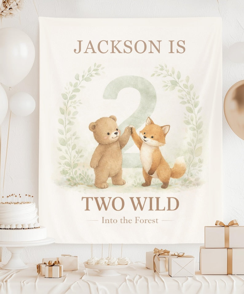 Two Wild Birthday Banner, Woodland 2nd Birthday Backdrop, Bear Fox Forest Birthday Banner, Two Wild Into the Forest, Second Birthday Party