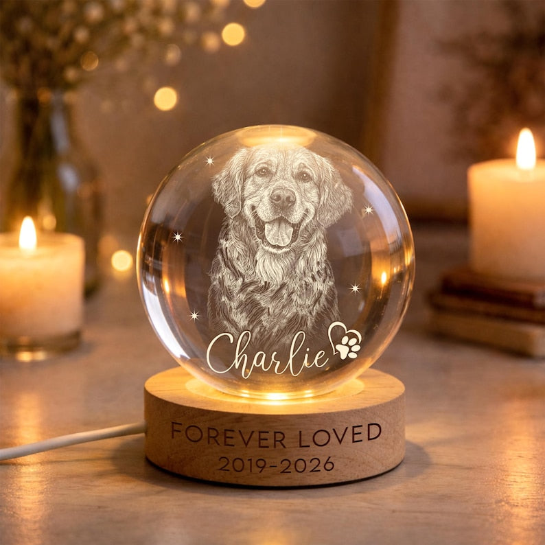 Personalized Pet Memorial Night Light, Pet Portrait Crystal Ball Night Light, Photo Crystal Light, Pet Loss, Pet Memorial Gift for Dog, Cat