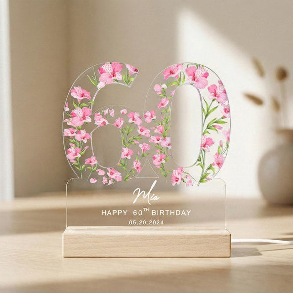 60th Birthday Gift for Grandma Gift, Personalized Birthday Light For Any Age, Custom Flower Night Lamp, Mothers Day Gifts