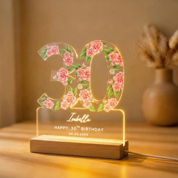 Personalized 30th Birthday Gift for Her, Custom Floral Night Light, Flower Birthday Plaque