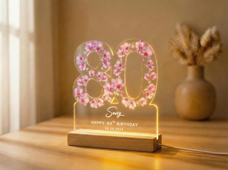 80th Birthday Gift for Grandma, Personalized Birthday Light Mom, Flower Decor, Mothers Day Gifts