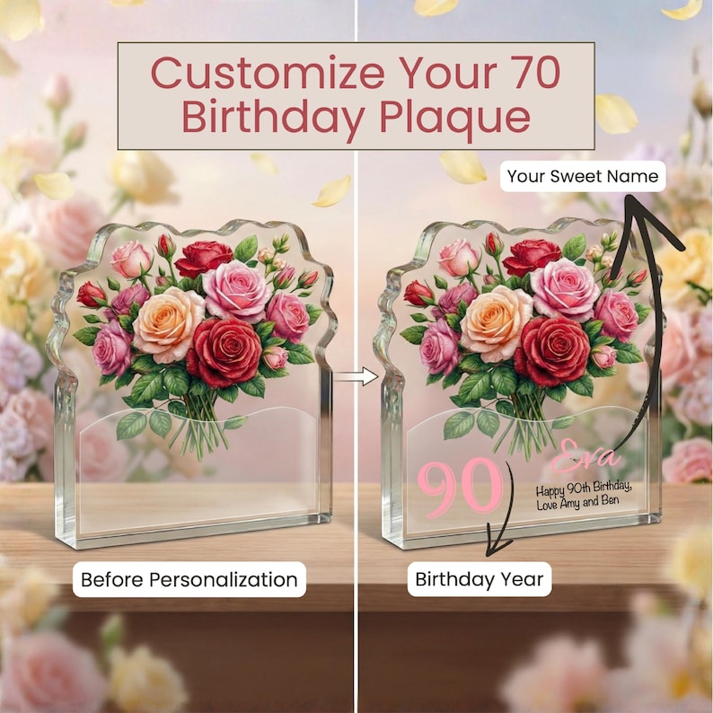 Personalised 90th Birthday Plaque Rose Floral Gift for Her