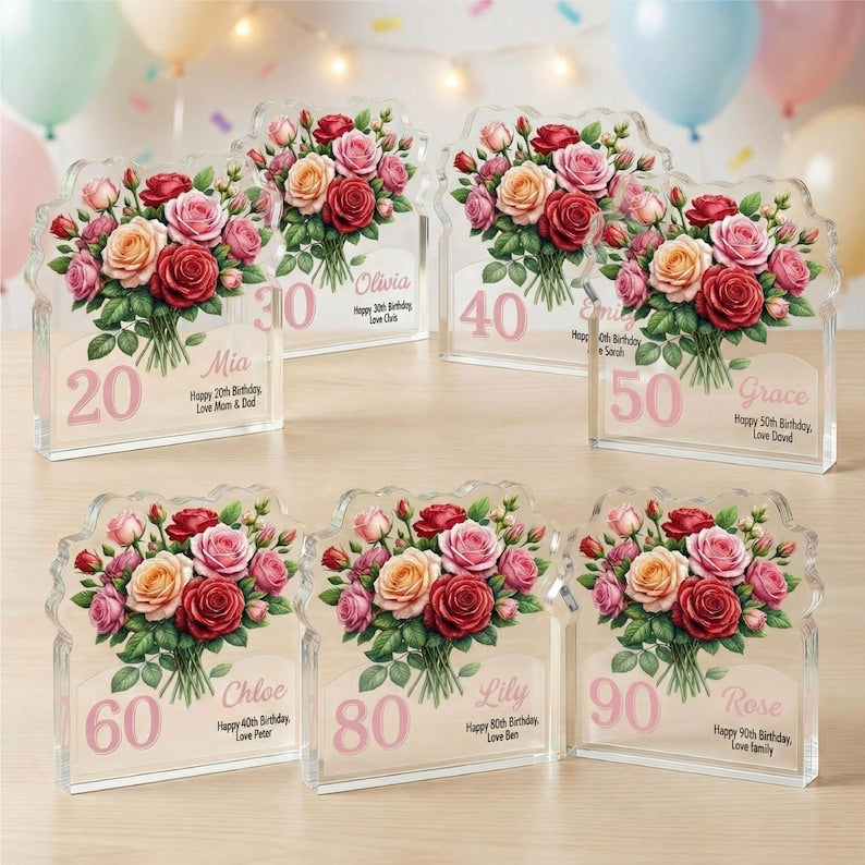 Personalised 90th Birthday Plaque Rose Floral Gift for Her