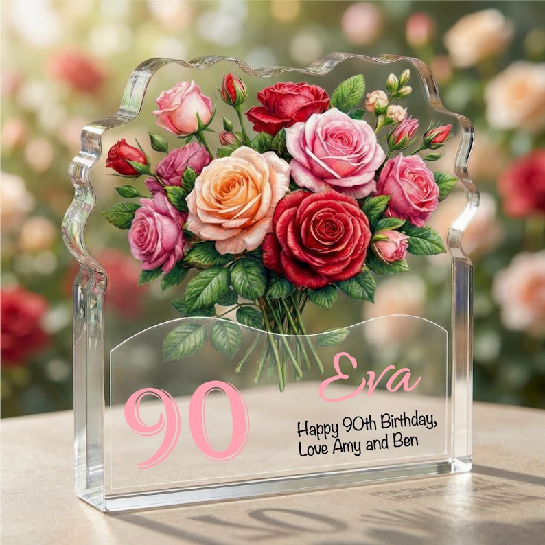 Personalised 90th Birthday Plaque Rose Floral Gift for Her