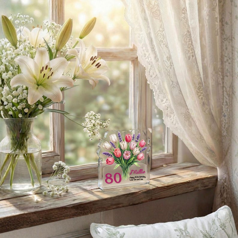 Personalised 80th Birthday Plaque Floral Tulip Acrylic Gift for Her