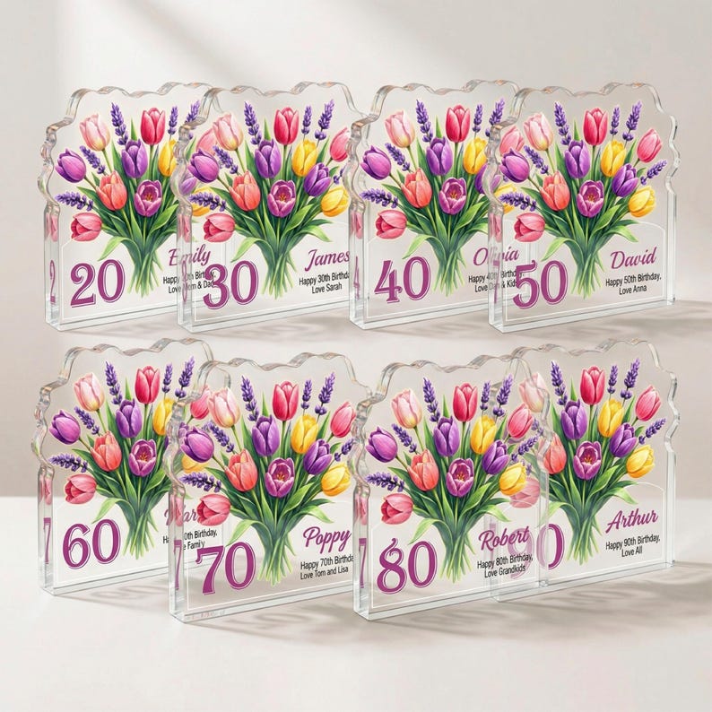 Personalised 80th Birthday Plaque Floral Tulip Acrylic Gift for Her
