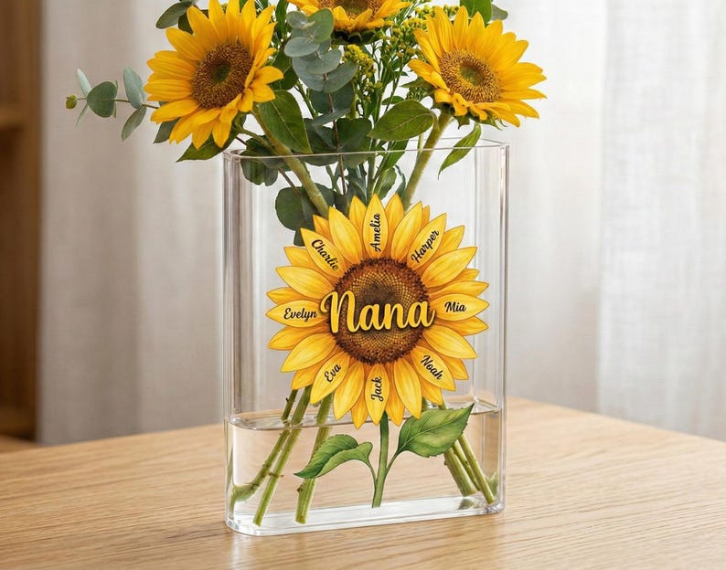 Personalized Nana Sunflower Book Vase, Present For Mom, Custom Grandkids Names Flower Vase, Grandma Mother s Day Gift, Family Keepsake Decor
