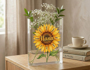 Personalized Nana Sunflower Book Vase, Present For Mom, Custom Grandkids Names Flower Vase, Grandma Mother s Day Gift, Family Keepsake Decor