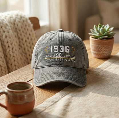 90th Birthday Gift Custom Embroidered Hat Aged to Perfection 1936 Personalized Vintage Dad Hat