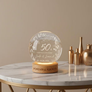 Custom Wedding Anniversary Crystal Ball LED Light, Personalized Golden Anniversary Gift for Parents Grandparents, 50th Anniversary Gift