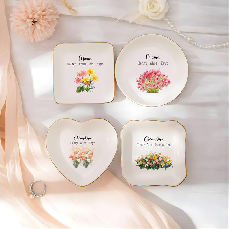 Mother s Day Gift for Mom, Personalized Ceramic Ring Dish, Wildflower Jewelry Holder