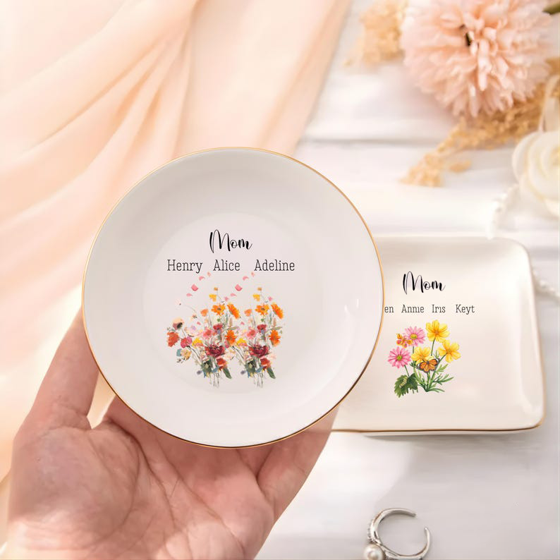 Mother s Day Gift for Mom, Personalized Ceramic Ring Dish, Wildflower Jewelry Holder