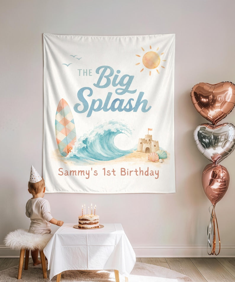 The Big Splash 1st Birthday Backdrop, Beach Cake Smash Tapestry, Ocean Wave Surfboard Sandcastle Banner, Custom Name