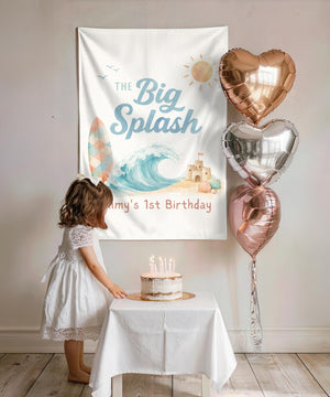 The Big Splash 1st Birthday Backdrop, Beach Cake Smash Tapestry, Ocean Wave Surfboard Sandcastle Banner, Custom Name