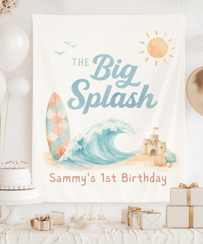 The Big Splash 1st Birthday Backdrop, Beach Cake Smash Tapestry, Ocean Wave Surfboard Sandcastle Banner, Custom Name