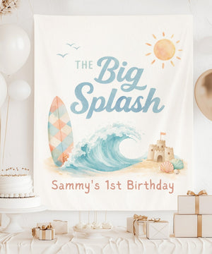 The Big Splash 1st Birthday Backdrop, Beach Cake Smash Tapestry, Ocean Wave Surfboard Sandcastle Banner, Custom Name