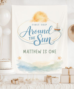 First Trip Around the Sun Backdrop, One Year Old Birthday Tapestry, Nautical Sailboat 1st Birthday Banner, Custom Name Sign