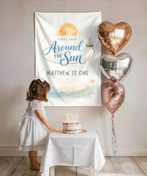 First Trip Around the Sun Backdrop, One Year Old Birthday Tapestry, Nautical Sailboat 1st Birthday Banner, Custom Name Sign