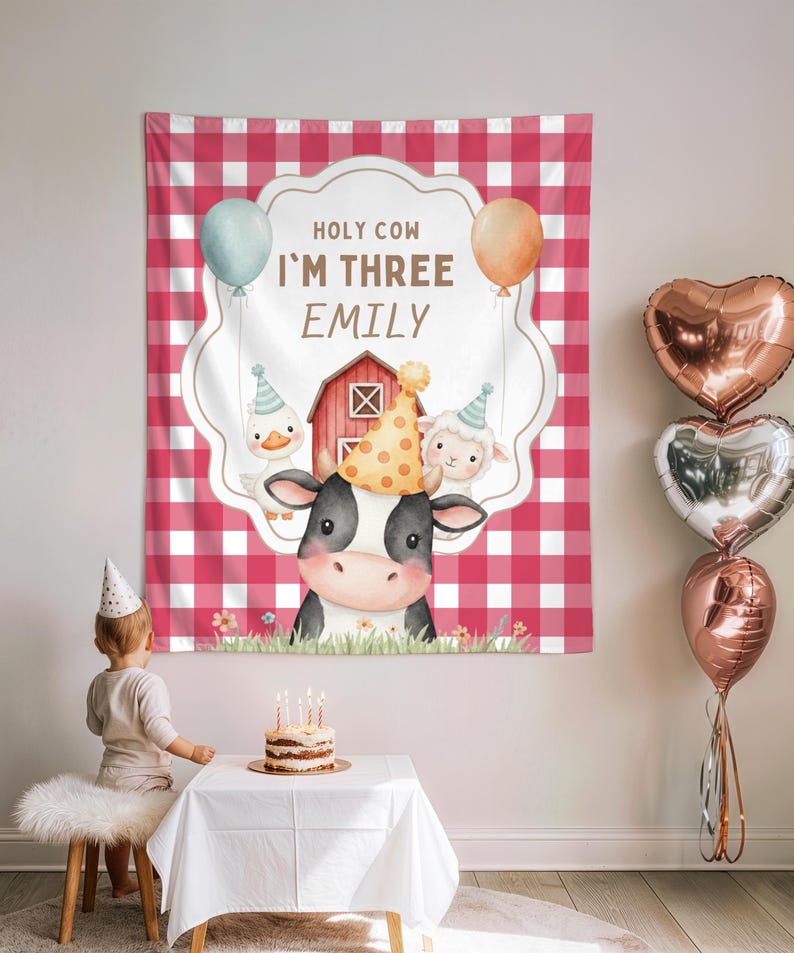 Holy Cow Farm Birthday Backdrop, Personalized Cow Birthday Tapestry, Pink Gingham Barnyard Party Banner, Custom Name & Age Decor