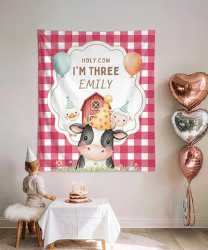 Holy Cow Farm Birthday Backdrop, Personalized Cow Birthday Tapestry, Pink Gingham Barnyard Party Banner, Custom Name & Age Decor