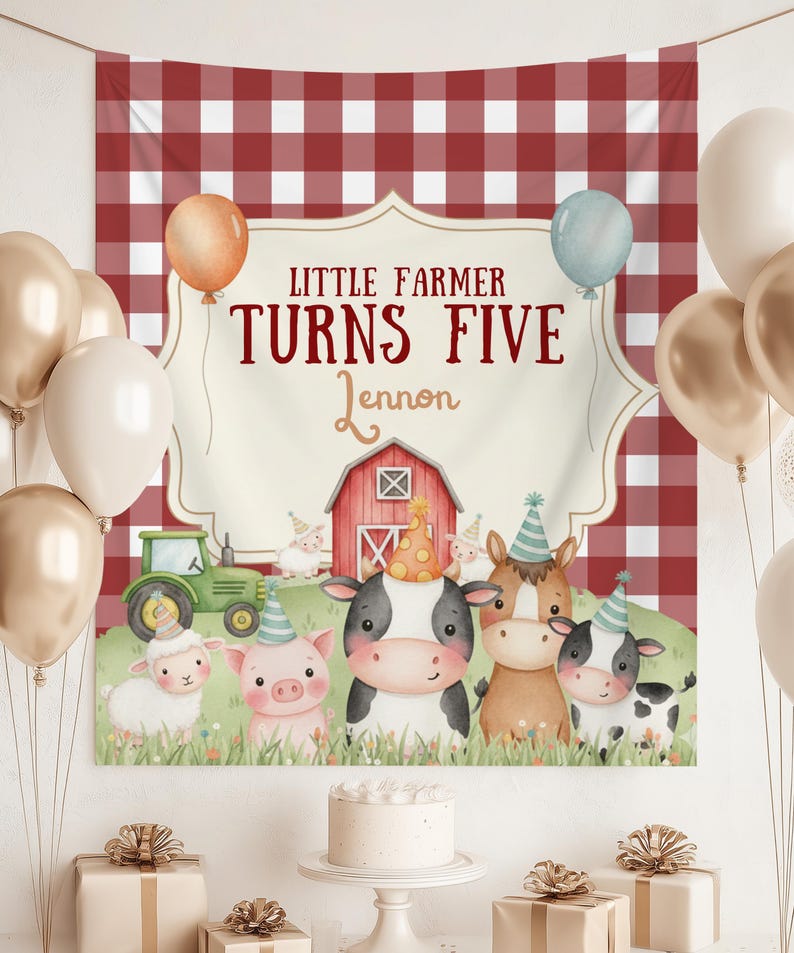 Little Farmer Birthday Backdrop, Personalized Farm Birthday Tapestry, Yellow Gingham Barnyard Party Banner, Custom Name & Age Party Decor