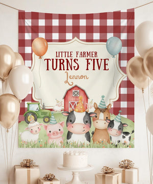 Little Farmer Birthday Backdrop, Personalized Farm Birthday Tapestry, Yellow Gingham Barnyard Party Banner, Custom Name & Age Party Decor