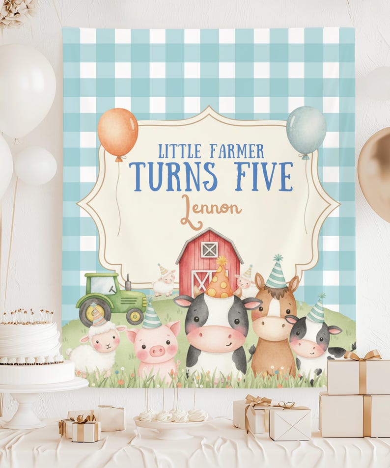 Little Farmer Birthday Backdrop, Personalized Farm Birthday Tapestry, Yellow Gingham Barnyard Party Banner, Custom Name & Age Party Decor